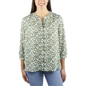 JACHS Girlfriend Blouse Top 3/4 Sleeve‎ Green White Print Relaxed Fit S NWT $58